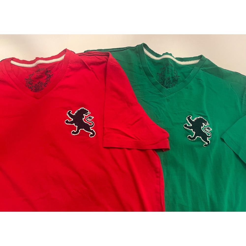 Express Mens V-Neck T-Shirt Bundle Red Green Lion Logo Patch Size XL 2 Pack